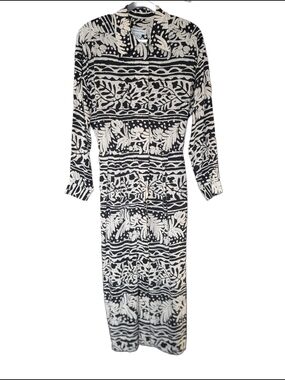 Vintage Silk Black & White Floral Tropical Geometric Print Button-Up Maxi Dress